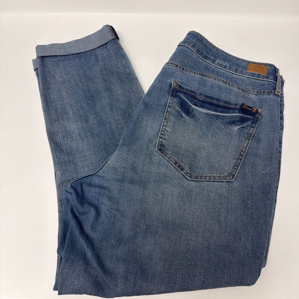 Seven7 Women's Slim Fit Medium Wash Stretch Distressed Denim Jeans Sz 14 Cuffed